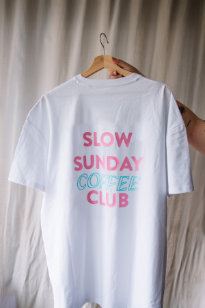 T-shirt slow coffee roze/cyaan