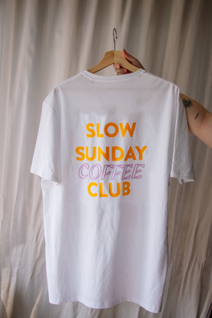T-shirt slow coffee oranje/paars